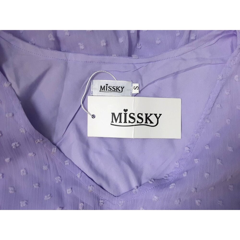 Missky Womens Size S Lavender Swiss Dot V-Neck Dress Ruffle Sleeves & Tie Waist - Picture 5 of 6